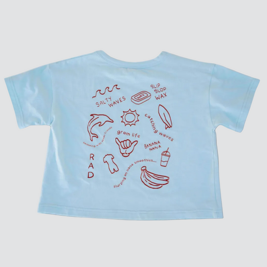 Light blue t-shirt with red graphics and text on a white background